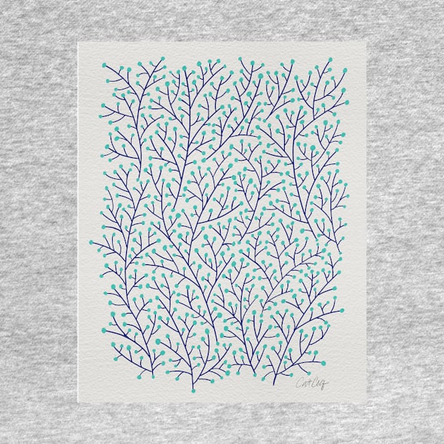 Berry Branches - White Navy Turquoise by CatCoq